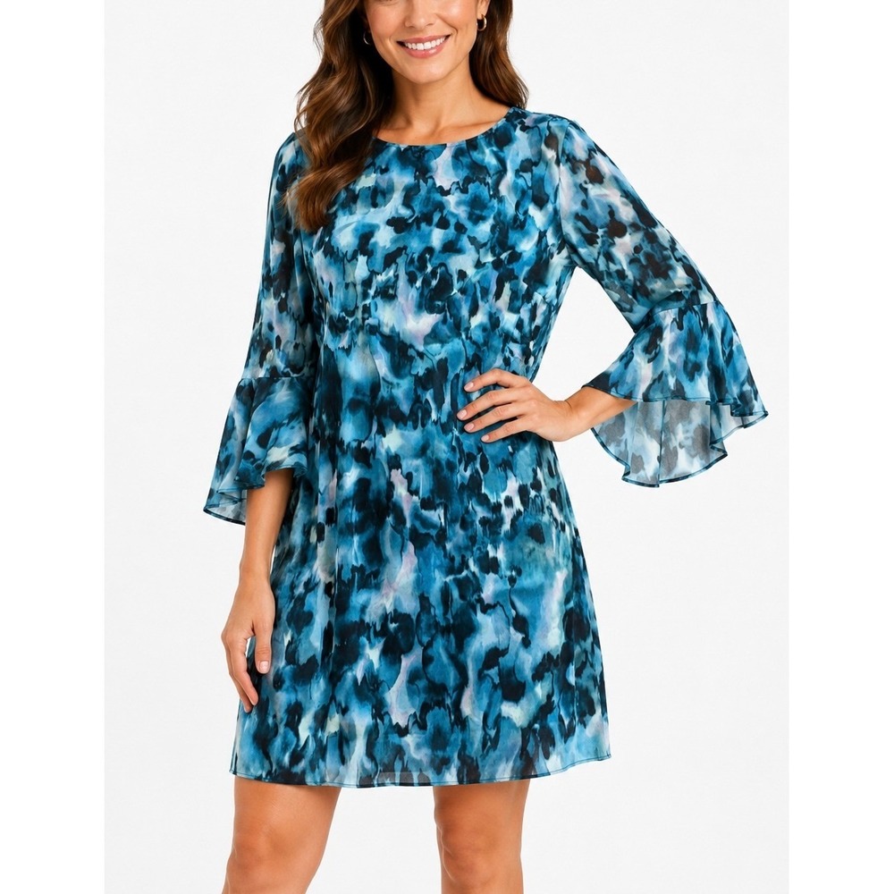 Bar‎ III Shift Dress Womens Large Blue Excellent Bell Sleeve Abstract Watercolor